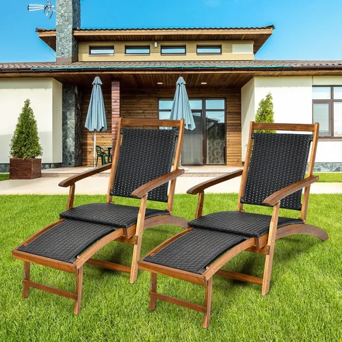 Vista 4 de COSTWAY Marco de madera plegable de la silla de salón de la rota del patio W/el reposapiés retráctil