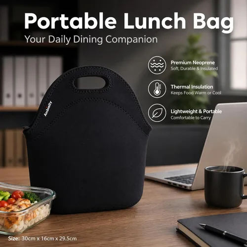 Vista 6 de Nevera de neopreno de Ambielly. Nevera con aislamiento para guardar la comida en un viaje, Negro Reusable Food Carrier for Office, Teachers