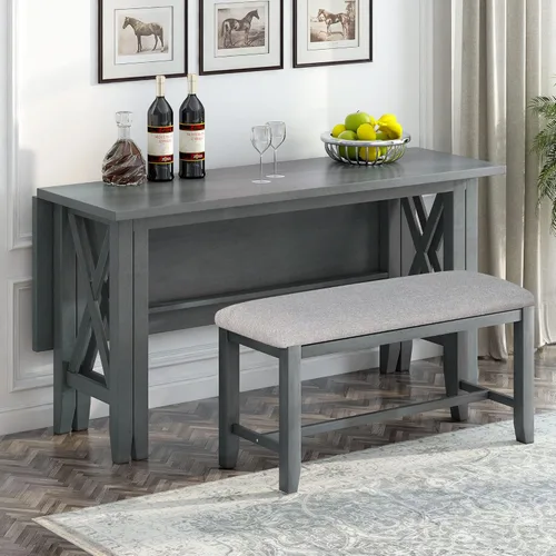 Vista 3 de Juego de mesa de comedor para 6, mesa plegable de madera maciza que ahorra espacio y 4 sillas con banco, juego de 6 piezas de mesa de comedor