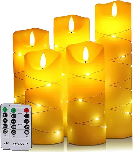 Vista 9 de danip Vela LED sin llama azul cielo con cuerda de luz de estrellas integrada, 3 velas LED, control remoto de 11 teclas, función de temporizador