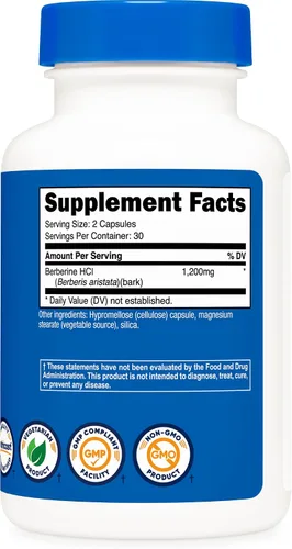 Vista 4 de Nutricost Berberina HCl 600 mg, 60 cápsulas (2 botellas) – Sin gluten, cápsulas vegetarianas, sin OGM