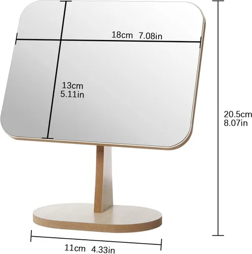 Vista 6 de LONGSHENG - SINCE 2001 - Espejo de maquillaje de tocador para escritorio con soporte de madera, rotación de 90° de una sola cara, espejo de mesa