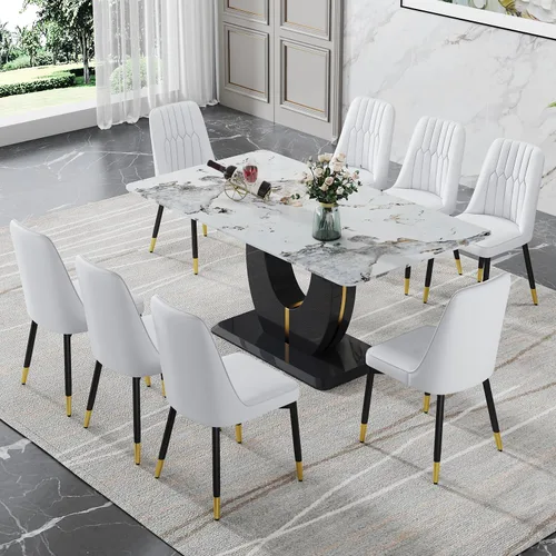 Vista 39 de JUFU Juego de mesa de comedor moderno para 4, juego de mesa de cocina rectangular de 63 pulgadas con mesa de mármol sintético y 4 sillas tapizadas