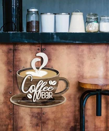 Vista 6 de Putuo Decor Arte de pared de barra de café, letrero de taza de café de doble capa con gancho, decoración de pared rústica para cocina, sala