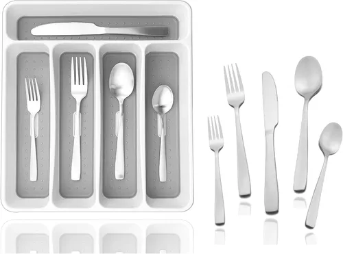 Vista 9 de JASHII - Juego de cubiertos con bandeja, 20 piezas de acero inoxidable cuadrado cubiertos servicio para 4, acabado mate, utensilios de alimentación