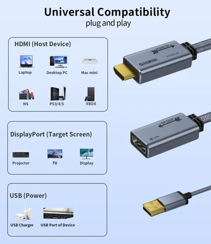 Vista 5 de Adaptador HDMI a DisplayPort 4K a 60Hz, convertidor HDMI 2.0 a DP 1.2, alimentado por USB, cable de 0.65 pies, unidireccional, compatible con PS5
