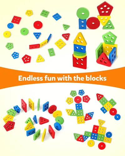 Vista 3 de Coogam Juguetes Montessori apilables de madera, bloques de reconocimiento de color de forma, rompecabezas a juego, tablero geométrico, rompecabezas