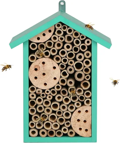Topadorn Hábitat de insectos montado en la pared Casa de abejas de bambú natural Tubo de abeja Hotel con metal colgante para jardín al aire libre o