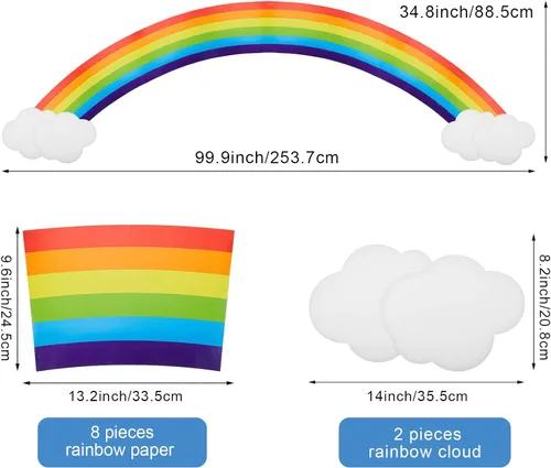 Vista 2 de Sumind Juego de 10 calcomanías de pared de arco iris gigante, recortes de cartón, juego de tablón de anuncios, nube de papel con punto de pegamento