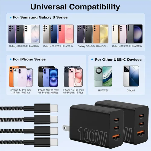 Vista 5 de Cargador súper rápido tipo C de 65 W para Samsung, 3 puertos 100 W PD carga rápida 3.0 USB C bloque y cable trenzado tipo C de 3/6/10/10 pies