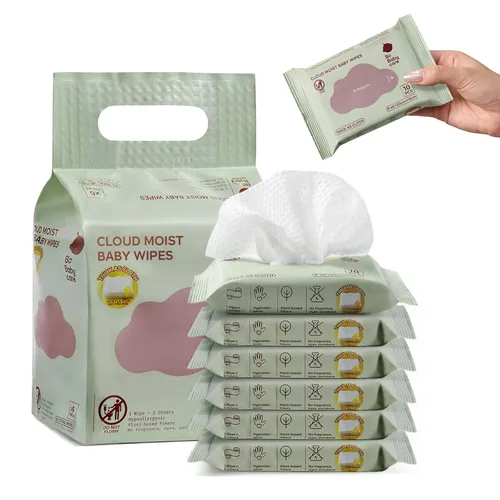 Bc Babycare Cloud Wet Toallitas de viaje para bebé, paquete de 6, tamaño de bolsillo para llevar, ultra gruesas, 99% de agua, sin perfume