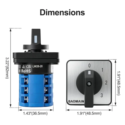 Vista 5 de Baomain Interruptor de cambio rotativo, 20A 4 posiciones, selector de leva de 12 terminales con selección de circuito 0-1-2-3, certificado UL