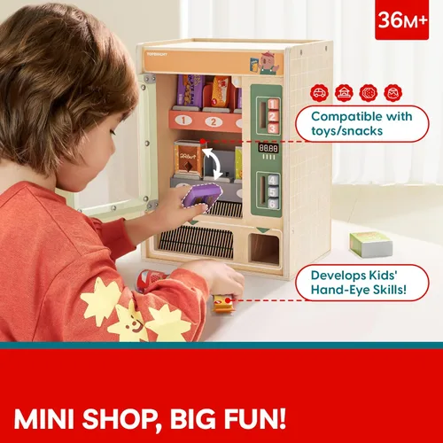 Vista 4 de TOP BRIGHT Juego de Máquina Expendedora de Madera, Comida de Juguete para Niños, Juguetes de Juego de Simulación con Barras de Snacks de Madera