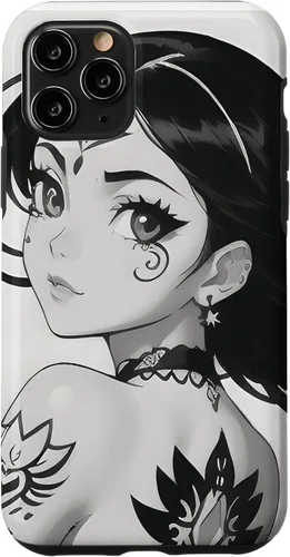Vista 10 de iPhone 14 Monocromo Manga Muse - Encantadora funda de anime chica