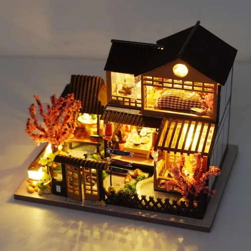 Vista 3 de Mini casa de muñecas DIY kit de muebles de madera en miniatura, casa de muñecas hecha a mano con LED, juguetes creativos de artesanía de madera