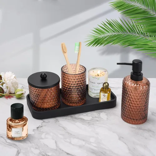 Vista 6 de Conjunto de accesorios de baño, 4 piezas de accesorios de baño de vidrio ámbar - Dispensador de jabón de loción, soporte para cepillo de dientes