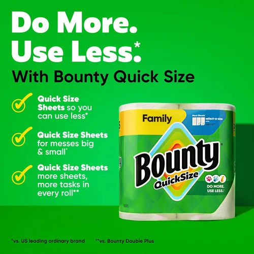 Vista 2 de Bounty Toallas de papel de tamaño rápido, color blanco, 8 rollos familiares = 20 rollos regulares (el embalaje puede variar)