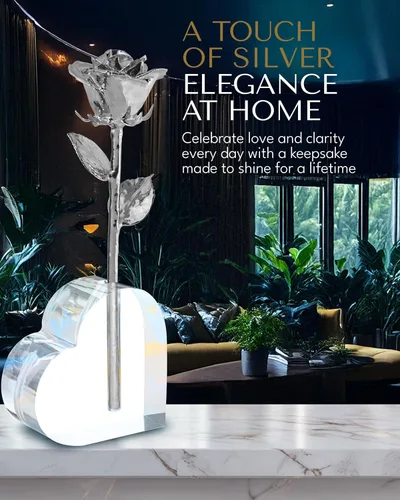 Vista 8 de Forever Rose Rosa real sumergida en plata, rosa preservada hecha a mano en jarrón de corazón acrílico y caja de regalo dorada de lujo, regalo