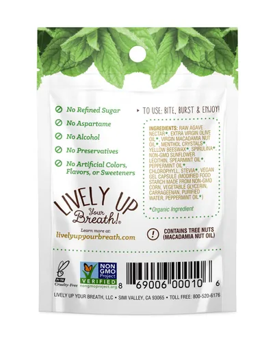 Vista 4 de Ambientadores masticables de cápsula de menta rellenos líquidos, 120 unidades Combate el mal aliento, fórmula vegetariana