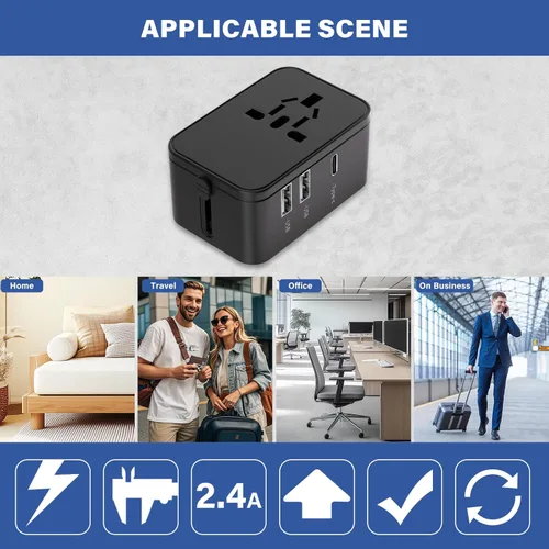 Vista 8 de Adaptador de enchufe de viaje con 2 USB A+1 USB C, adaptador de viaje universal todo en uno, convertidores de corriente, cargador de pared