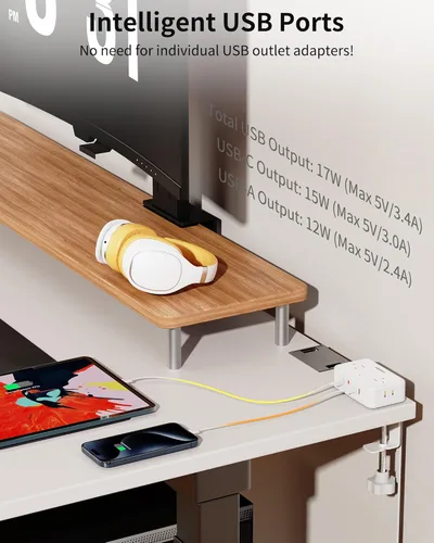 Vista 5 de Regleta de alimentación con abrazadera de escritorio, estación de carga de montaje de escritorio con 4 tomas, 4 puertos USB (2 USB C), regleta