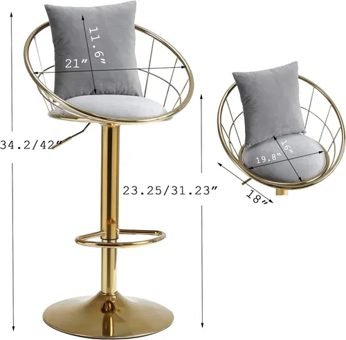 Vista 10 de Taburetes de bar giratorios de terciopelo con respaldo bajo y reposapiés, taburetes de bar ajustables con almohada, taburete de bar dorado de lujo