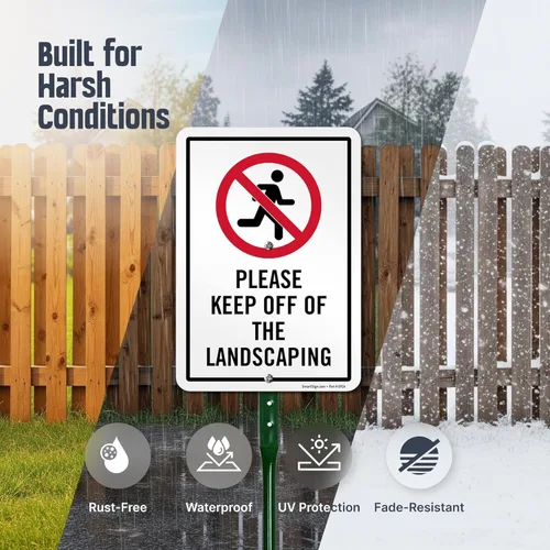 Vista 2 de SmartSign Letrero de patio con texto en inglés "Please Keep Off Of The Landscaping" de 10 x 7 pulgadas, kit de estaca de 18 pulgadas, aluminio Rojo