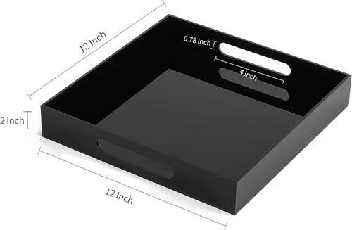 Vista 2 de Bandeja de servir acrílica resistente y brillante en negro con asas - 12x12 pulgadas - Bandeja para servir café, aperitivos, desayuno, mayordomo