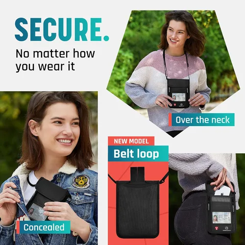 Vista 3 de Cartera de viaje para el cuello con bloqueo RFID para pasaporte para hombres y mujeres, bolsa de viaje súper delgada para proteger tus papeles
