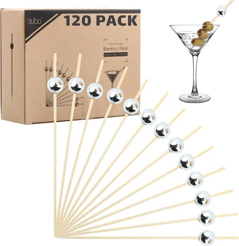 Palillos de cóctel – (paquete de 120) palillos de dientes de perlas plateadas de 4.75 pulgadas para aperitivos, palillos de dientes elegantes,