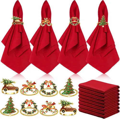 Vista 13 de EBOOT 16 piezas de servilletas de Navidad y juego de porta servilletas 8 piezas de servilletas lavables rojas de tela y 8 porta servilletas