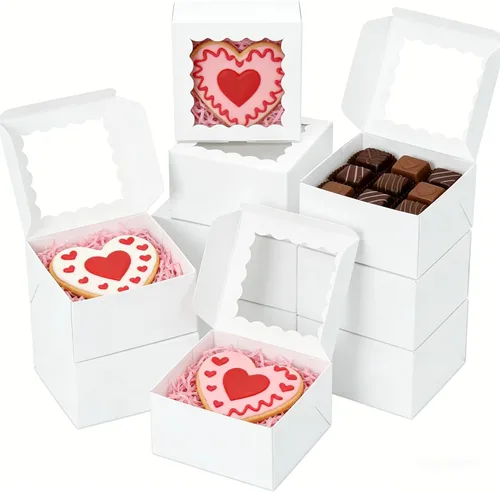 Vista 12 de XINHPKGG 20 cajas de galletas de 4 x 4 x 2.5 pulgadas, cajas de panadería con ventana, caja de postre para recuerdos de boda, fiesta, color marrón