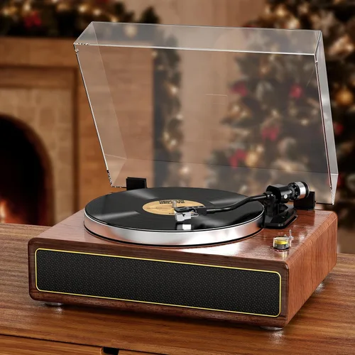 Vista 7 de Tocadiscos todo en uno con altavoces integrados, reproductor de discos de vinilo, soporte de reproducción inalámbrica, parada automática de 33 y 45