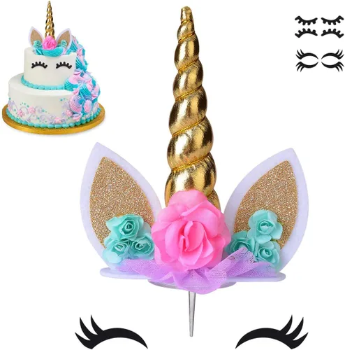 Decoración para tarta de unicornio, hecho a mano, suministros de decoración para tartas con pestañas y pilas, cuerno de oro reutilizable para fiesta