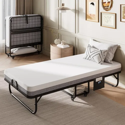 Vista 2 de Einhomn Cama plegable con colchón, marco de cama plegable enrollable de 76 x 38 pulgadas con estante de almacenamiento y bolsillo lateral, cama