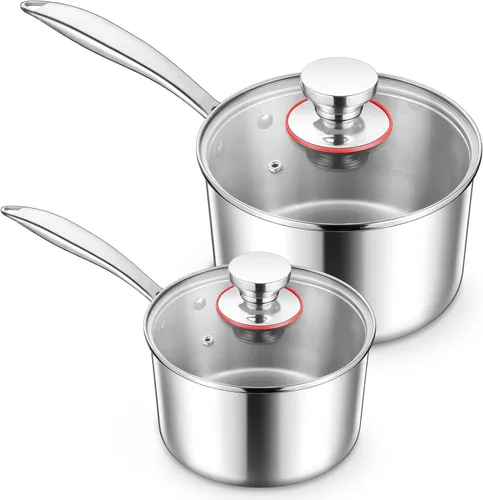 Vista 9 de E-far Cacerola de 1 cuarto de galón, sartén de acero inoxidable de tres capas con tapa de vidrio, pequeña olla de inducción de cocción compatible