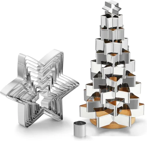 Vista 10 de Juego de Cortadores de Galletas de Copo de Nieve, 9 PCS Moldes de Galletas en Forma de Copo de Nieve, Galletas de Árbol de Navidad 3D con Exhibidor