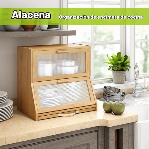 Vista 6 de BMOSU Panera grande de doble capa con tabla de cortar para encimera de cocina, panera con ventana de vidrio esmerilado de bambú (natural)