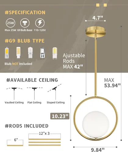 Vista 2 de AUTELO Luces colgantes para isla de cocina, 1 luz de oro cepillado moderno con lámpara colgante de globo blanco lechoso, varillas ajustables