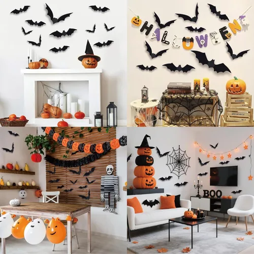 Vista 6 de 180 decoraciones de Halloween de murciélagos, decoración de pared de murciélagos 3D, suministros de fiesta de murciélagos de Halloween de PVC