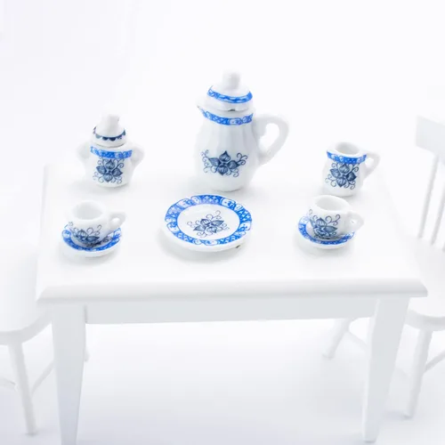 Vista 3 de Juego de 15 tazas de té de porcelana en miniatura 112, mini accesorios de cocina para mini suministros de casa (flor azul)