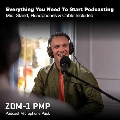 Vista 2 de Zoom El paquete de micrófono para podcast ZDM-1 incluye micrófono dinámico, auriculares, trípode, parabrisas y cable XLR