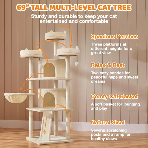 Vista 4 de Yaheetech Árbol para gatos de 68.5 pulgadas, torre de varios niveles para gatos con condominio grande y perchas acogedoras, casa de juegos estable