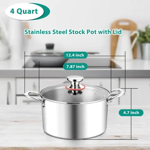 Vista 2 de E-far Olla de 4 cuartos de galón, olla de cocina de acero inoxidable de tres capas con tapa de vidrio y asas remachadas, olla de metal para pasta