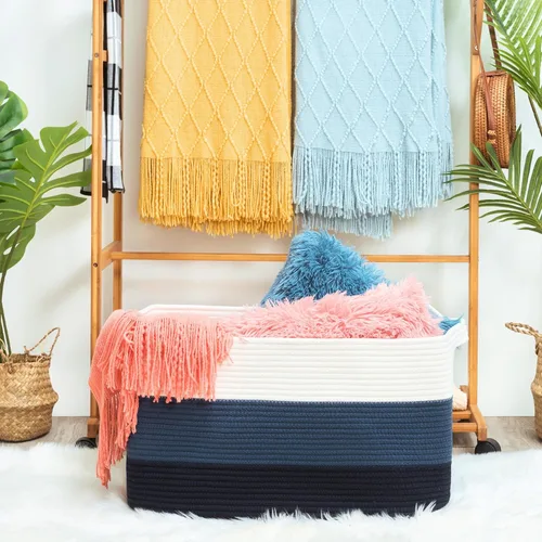 Vista 2 de MINTWOOD Design Canasta de Manta Extra Grande de 22 Pulgadas para Sala de Estar, Canasta de Almacenamiento de Cuerda Tejida Rectangular con Asas