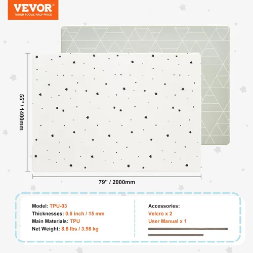 Vista 8 de VEVOR Tapete de juego para bebé, 55 x 79 pulgadas, tapete antideslizante de una pieza suave para bebé, tapete reversible enrollable, tapete de juego