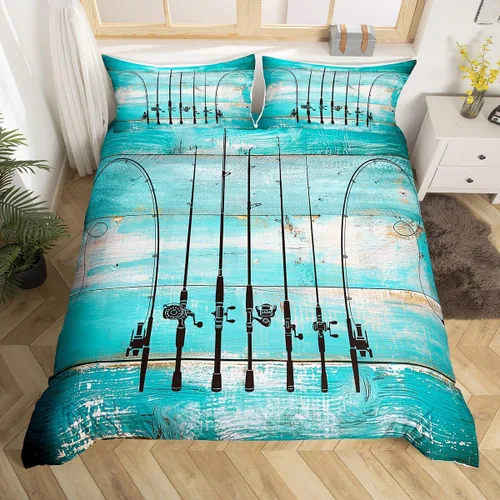 Vista 18 de Juego de ropa de cama de peces para hombres, ropa de pesca en hielo, funda de edredón de pesca retro acuarela de madera con anzuelo de madera