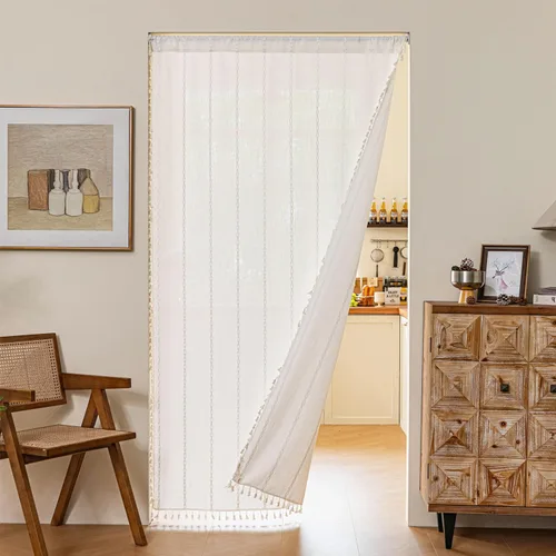 Vista 84 de Sutuo Home Cortinas de puerta francesa para puerta de patio, cortinas de lino semiopacas bohemias con borlas, tiras de granja a cuadros, decoración