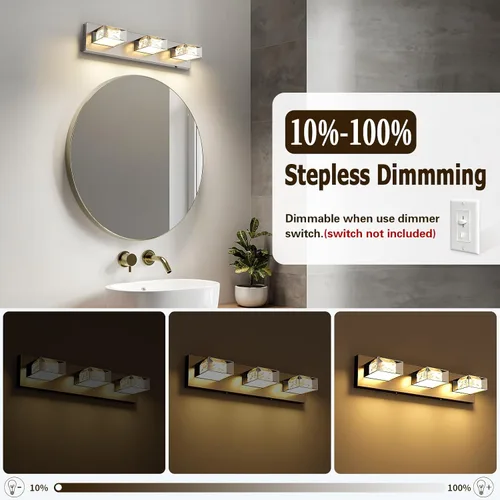 Vista 3 de Joossnwell Lámpara de tocador de baño de níquel cepillado con cristal, iluminación LED regulable de 5CCT para baño, sobre espejo