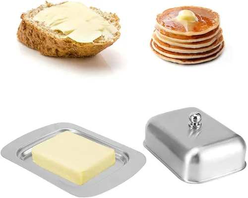 Vista 5 de Mantequillera con tapa, recipiente de mantequilla de acero inoxidable para mantequilla y queso, caja de almacenamiento de mantequilla con asa